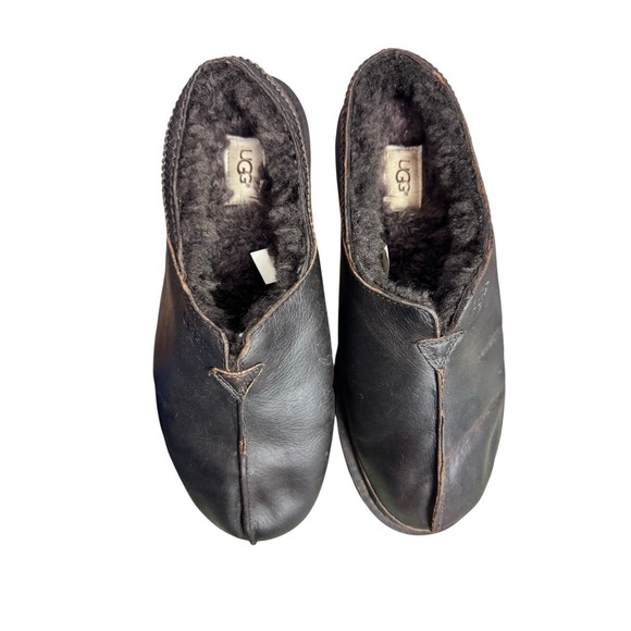 UGG Men's Leather Shearling Clog Slippers Size 10 Black Brown Pre-Owned - Picture 1 of 10